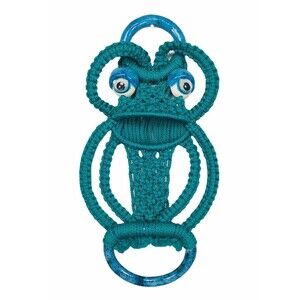 Vintage 70s Macrame Frog Towel Holder Big Ceramic Eyes Teal Wall Hanging